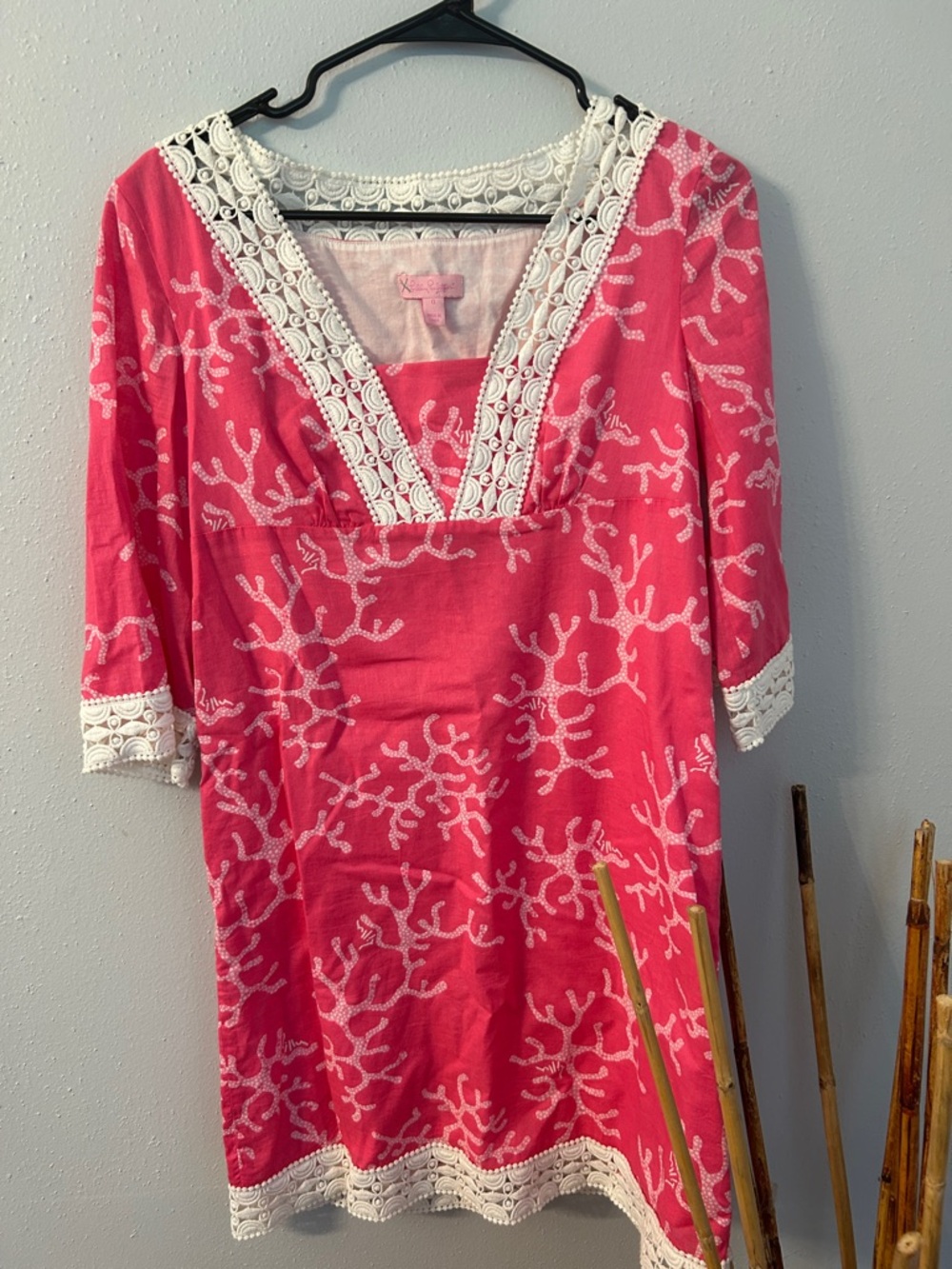 Lilly Pulitzer Pink Coral-Print Cotton Tunic with White Lace Trim
